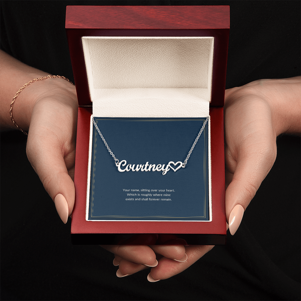 Heart Name necklace, polished stainless steel, on a keepsake card for Girlfriend, in a luxury wooden box (view 2)