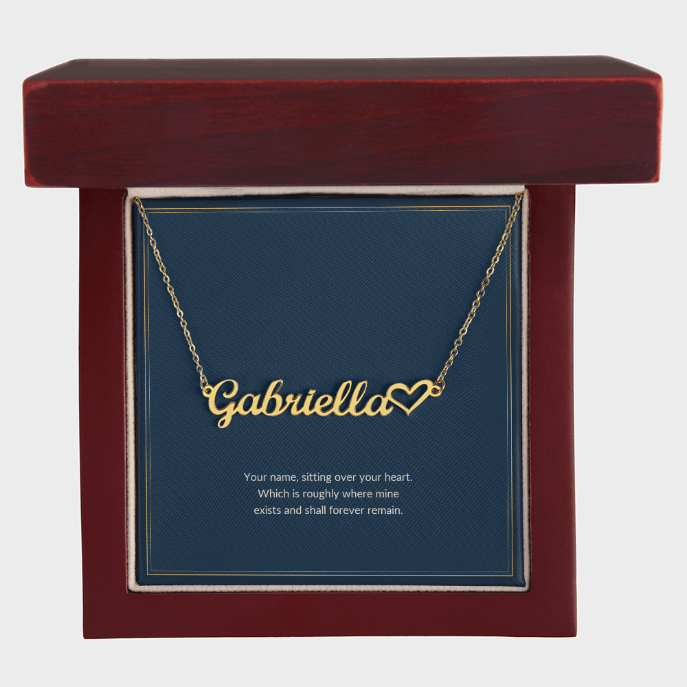 Heart Name necklace, 18k yellow gold, on a keepsake card for Girlfriend, in a luxury wooden box (view 1)