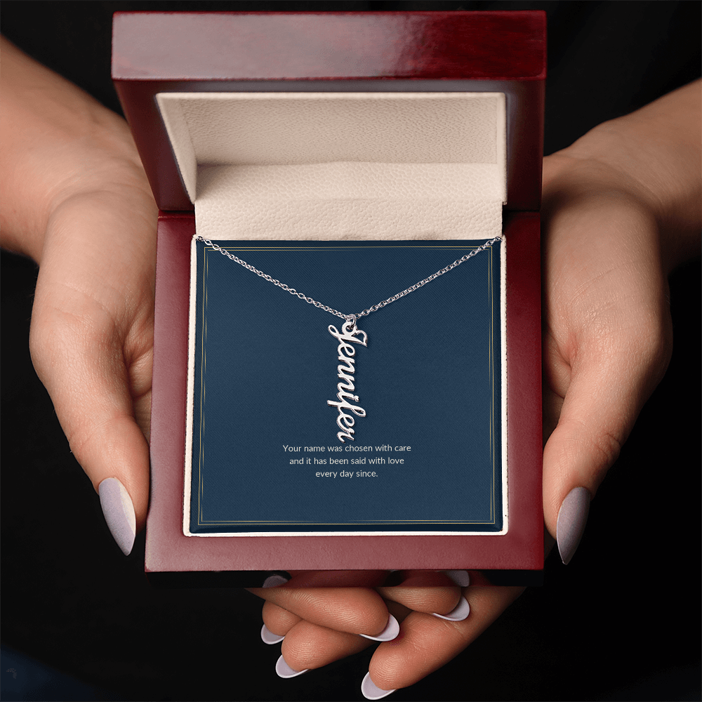 Vertical Name necklace, polished stainless steel, on a keepsake card for Granddaughter, in a luxury wooden box (view 2)
