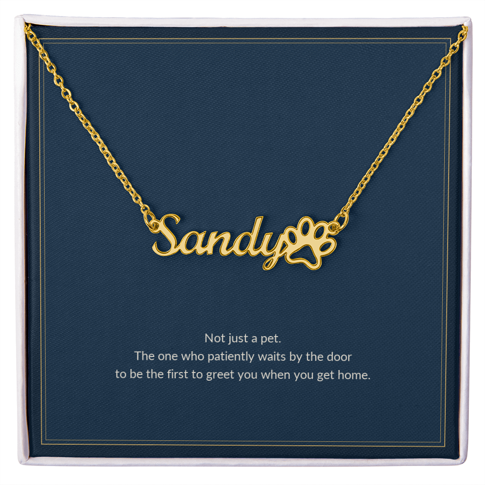 Paw Print Name necklace, 18k yellow gold, on a keepsake card for Friend, in a standard gift box (view 1)