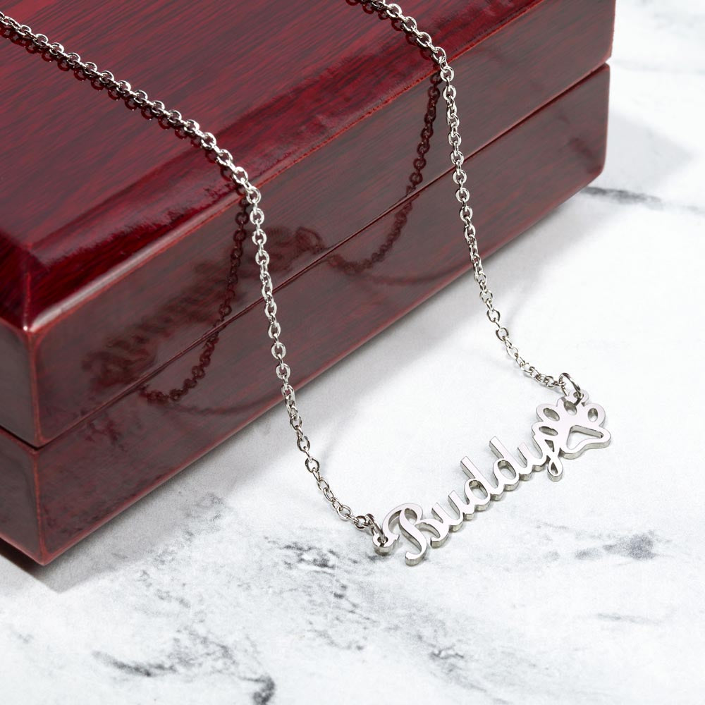 Paw Print Name necklace, polished stainless steel, on a keepsake card for Friend, in a luxury wooden box (view 2)