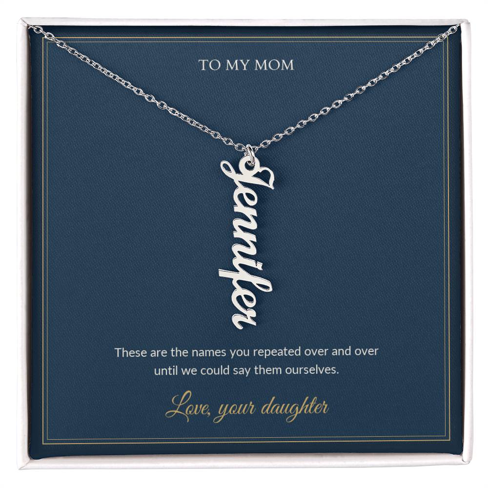 Multi Vertical Name necklace, on a keepsake card for Mom (view 1)