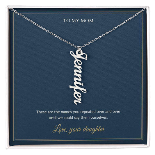 Multi Vertical Name necklace, on a keepsake card for Mom (view 1)