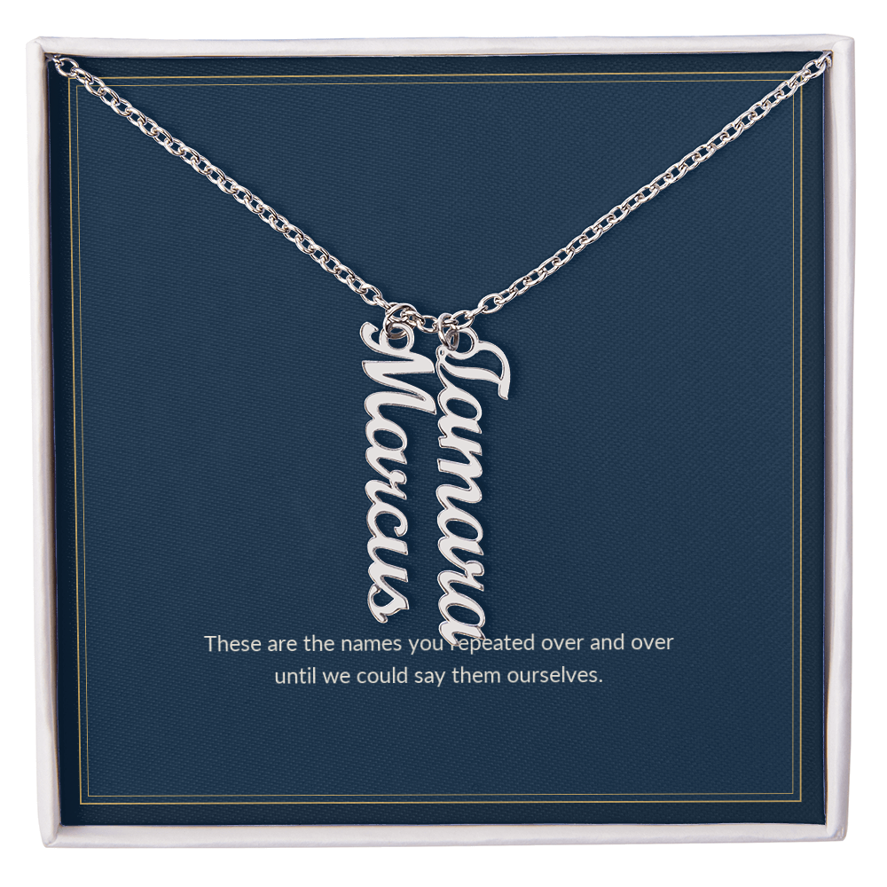 Multi Vertical Name necklace, polished stainless steel, on a keepsake card for Mom, in a standard gift box (view 1)