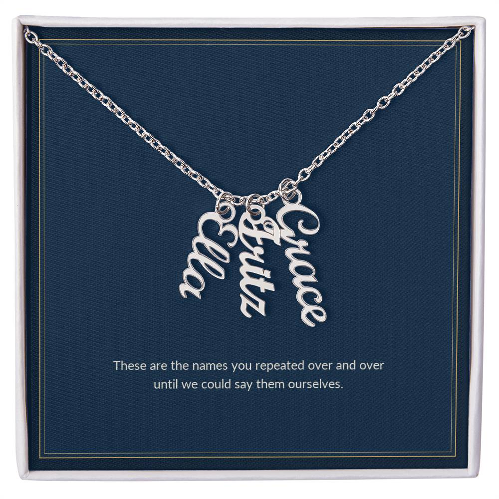 Multi Vertical Name necklace, polished stainless steel, on a keepsake card for Mom, in a standard gift box (view 2)