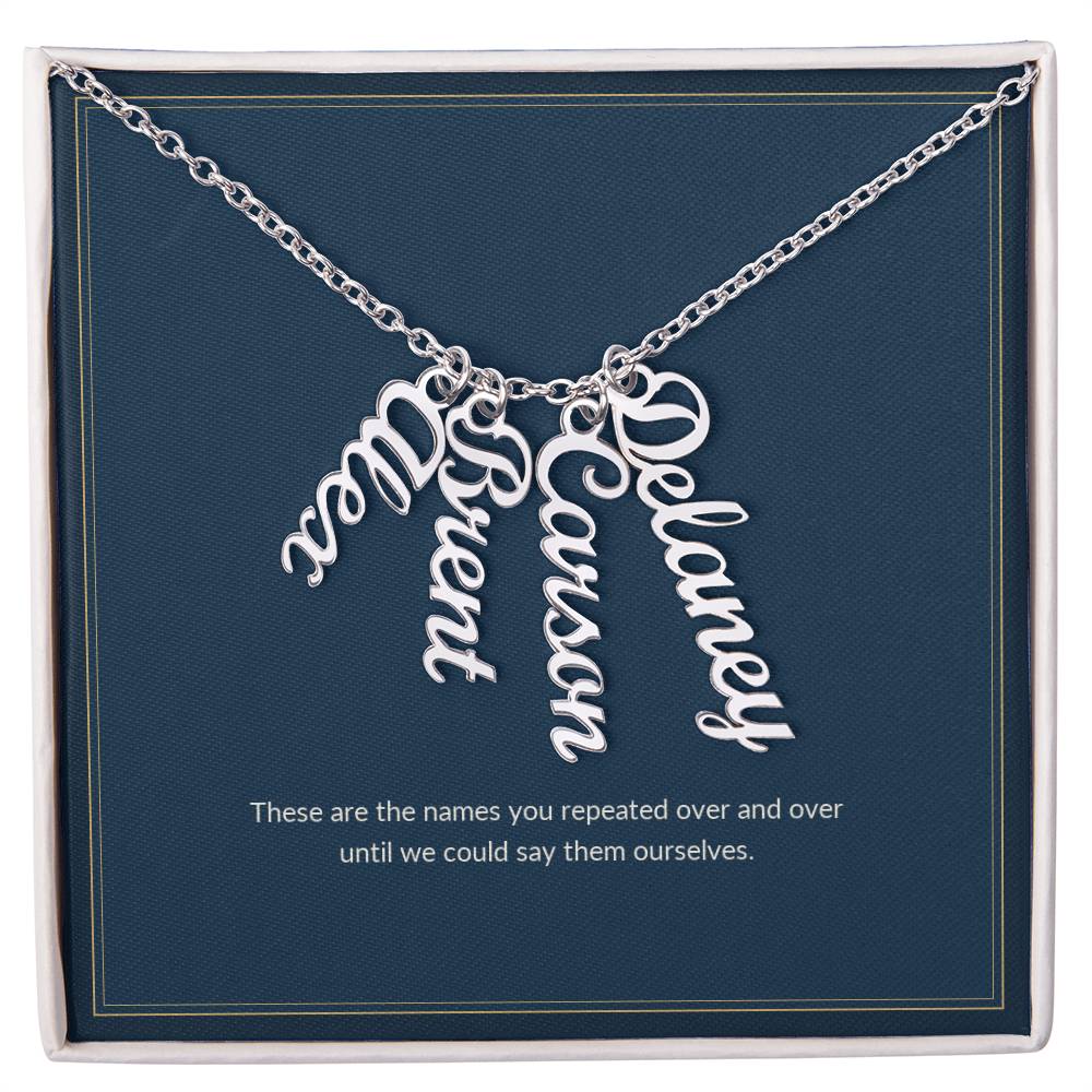 Multi Vertical Name necklace, polished stainless steel, on a keepsake card for Mom, in a standard gift box (view 3)