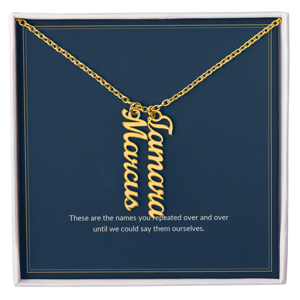 Multi Vertical Name necklace, 18k yellow gold, on a keepsake card for Mom, in a standard gift box (view 1)