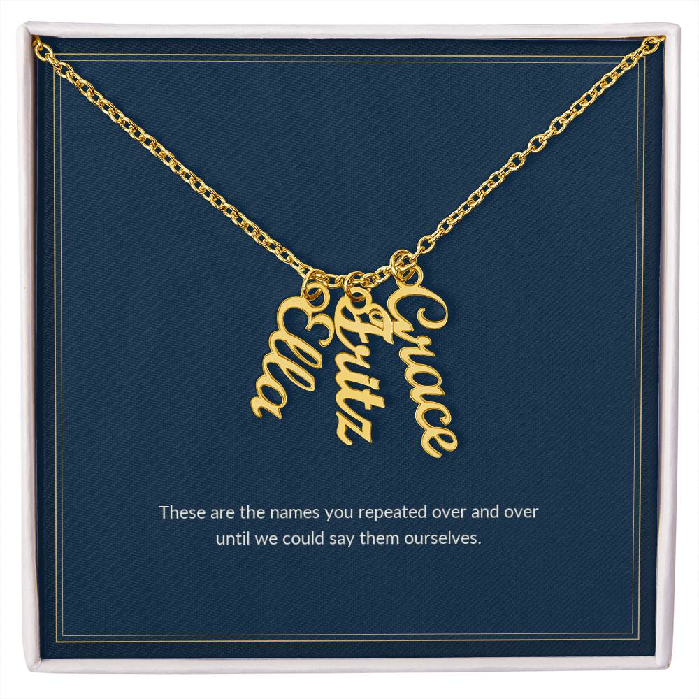 Multi Vertical Name necklace, 18k yellow gold, on a keepsake card for Mom, in a standard gift box (view 2)