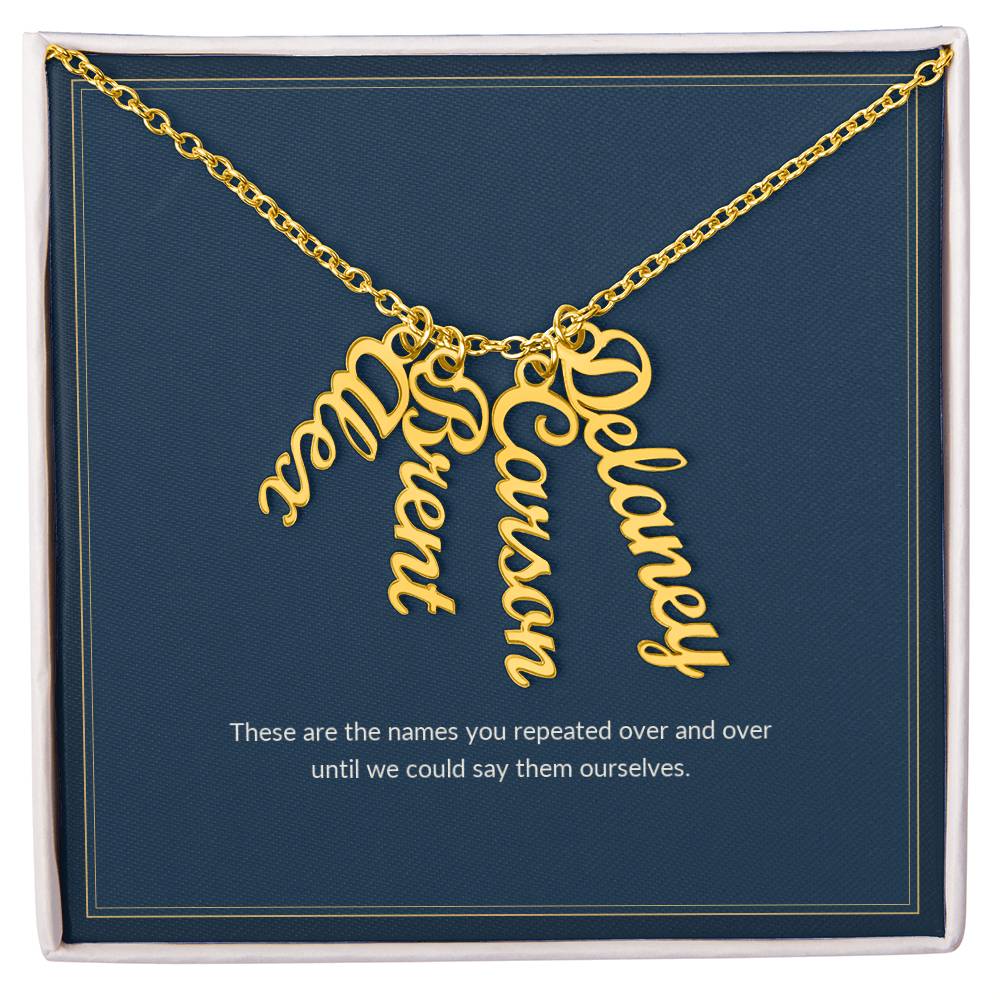 Multi Vertical Name necklace, 18k yellow gold, on a keepsake card for Mom, in a standard gift box (view 3)