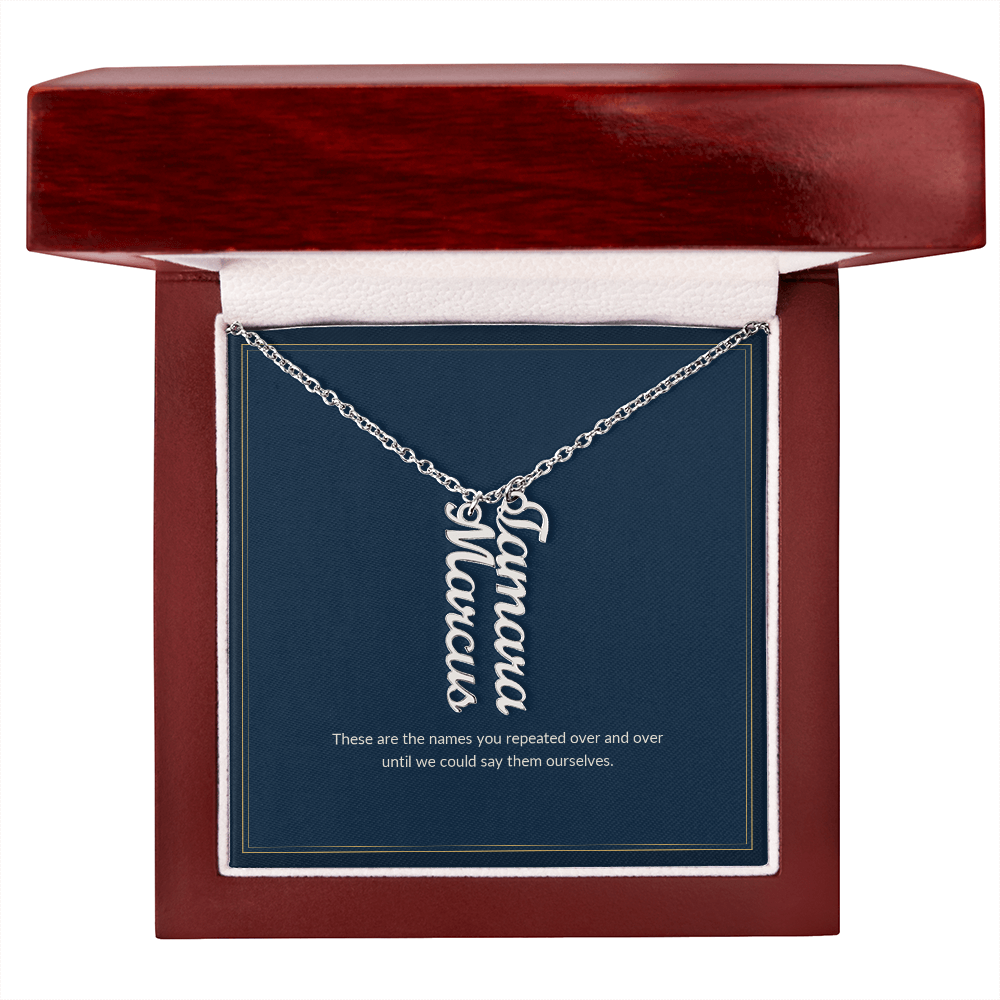 Multi Vertical Name necklace, polished stainless steel, on a keepsake card for Mom, in a luxury wooden box (view 2)