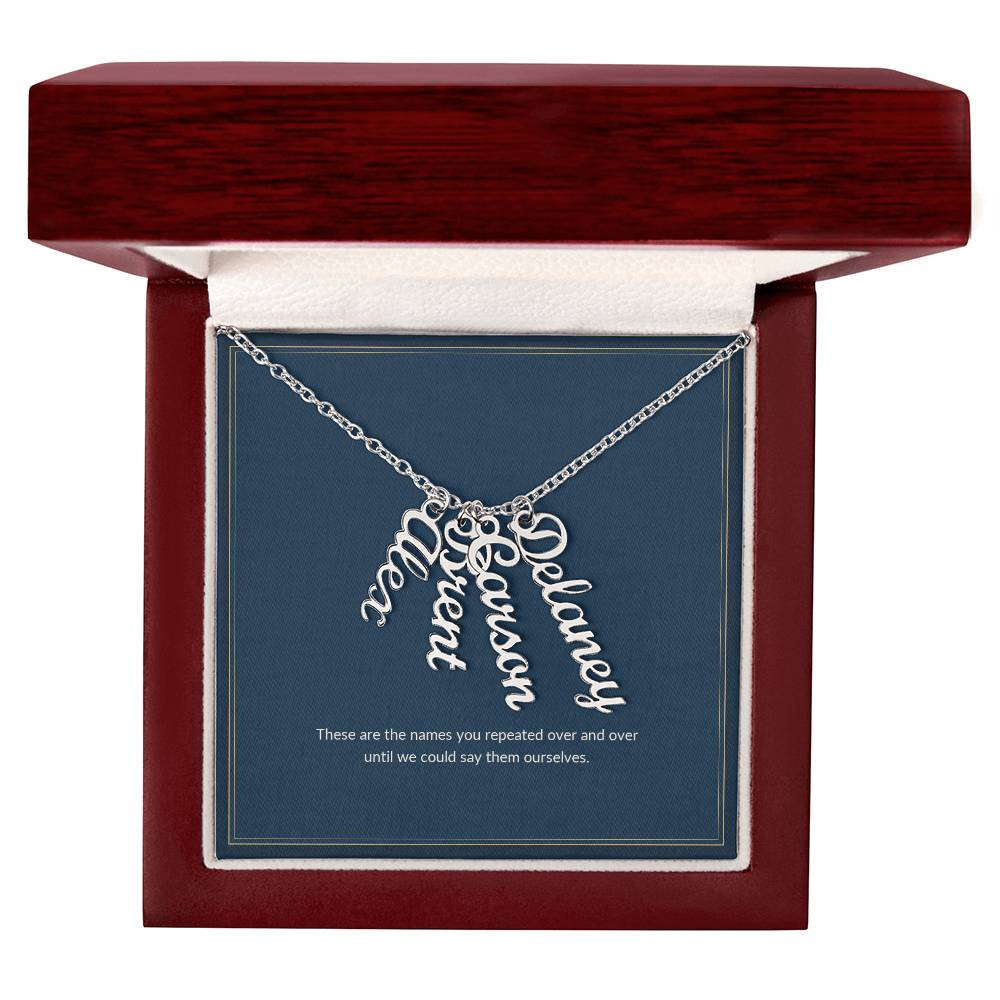 Multi Vertical Name necklace, polished stainless steel, on a keepsake card for Mom, in a luxury wooden box (view 4)