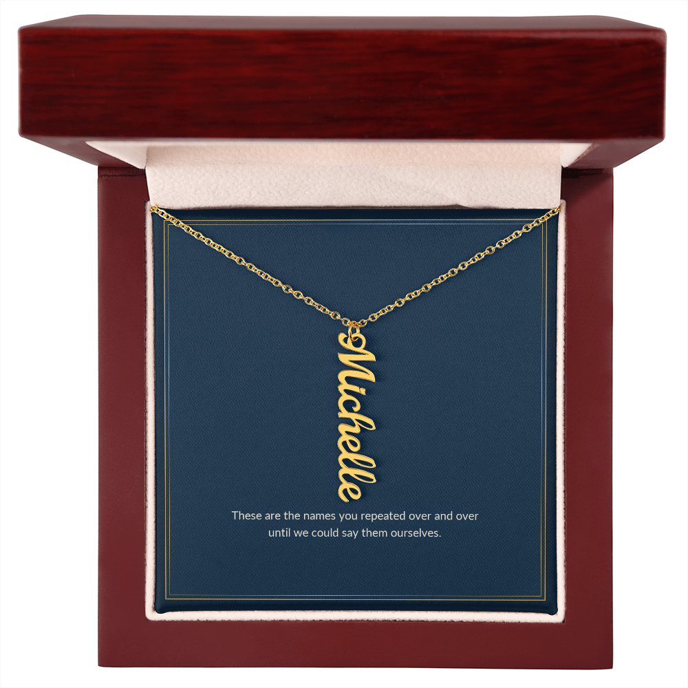 Multi Vertical Name necklace, 18k yellow gold, on a keepsake card for Mom, in a luxury wooden box (view 1)