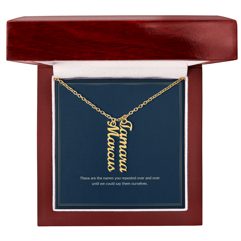 Multi Vertical Name necklace, 18k yellow gold, on a keepsake card for Mom, in a luxury wooden box (view 2)